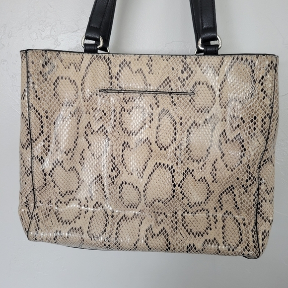 Anne Klein Purse Shoulder Bag Tan Snakeskin Print Black Trim - Picture 6 of 12